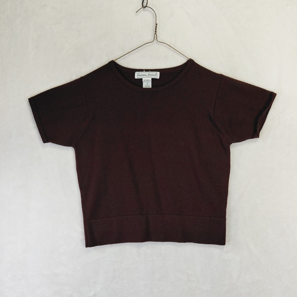 Stephanie Andrews Vintage Brown 100% Wool Short Sleeve Sweater Knit Top Medium